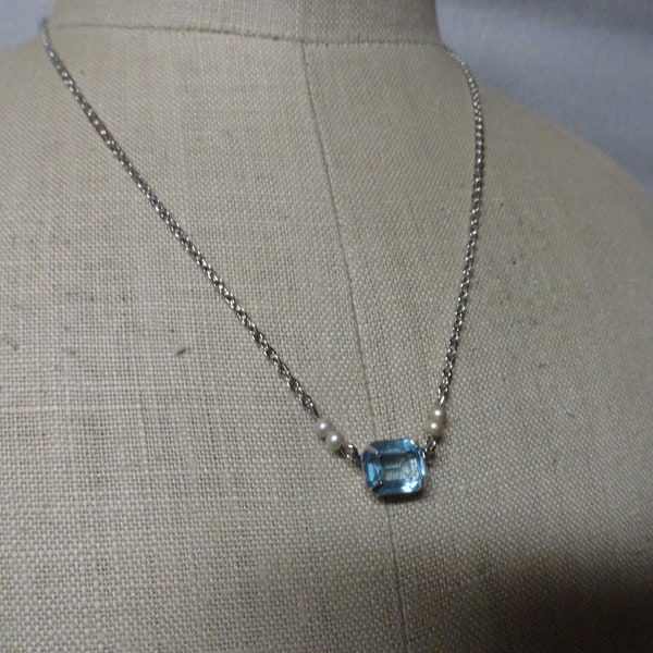 Vintage Women's Avon Light Blue Ice Emerald Cut Necklace 1980s Rhinestone Necklace Tiny Faux Pearls Dainty Women's/Ladies Feminine