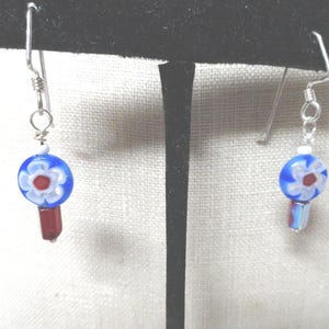 Millefiori Glass Earrings Sterling Silver Blue Red & White Pierced Dangle Earrings Iridescent Short Handcrafted