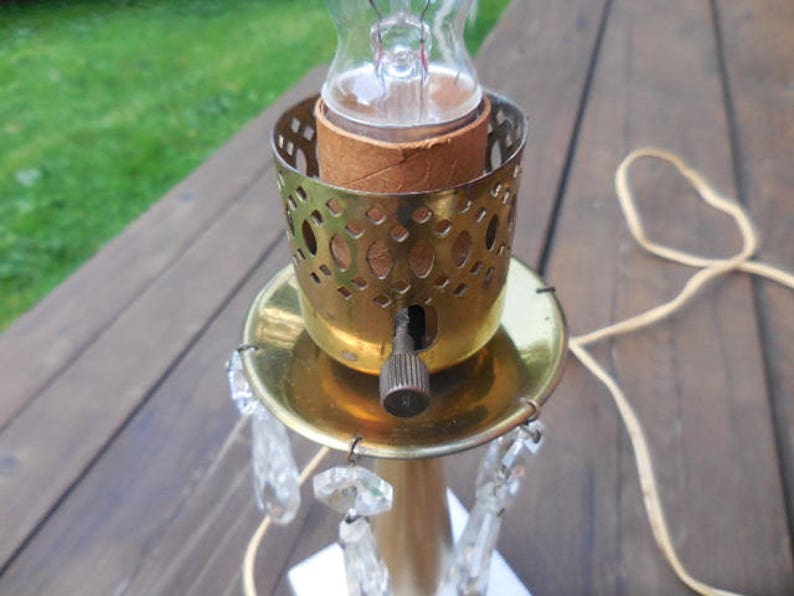 Vintage 1950s to 1960s Marble Based Small Accent Lamp Glass Hanging Crystals Gold Tone Night Stand Bedroom Fancy No Shade Electric Plug in