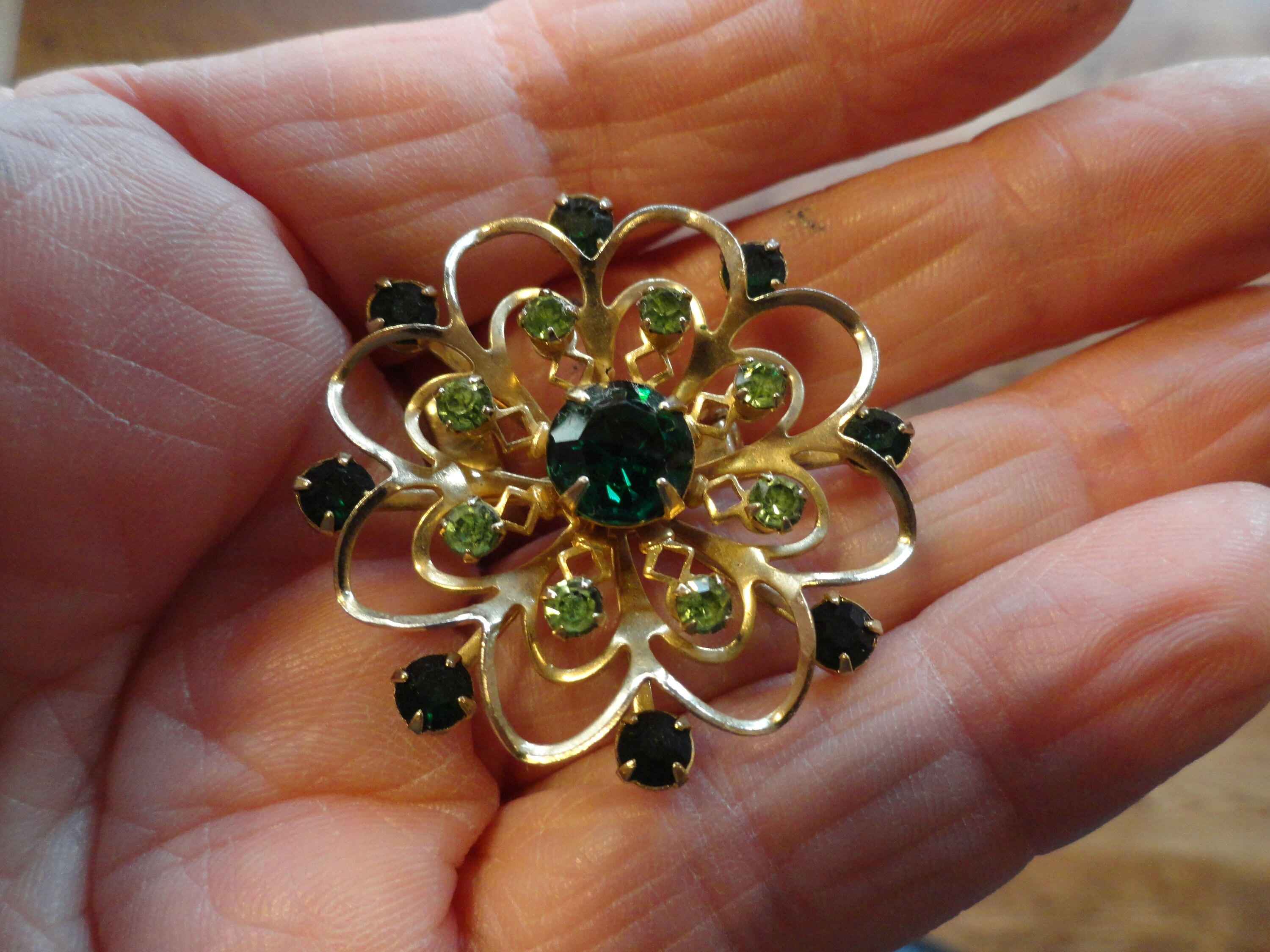 Green Rhinestone Brooch, Green Snowflake Brooch, Emerald and Peridot Green  Rhinestones 