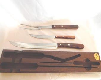 Vintage Case XX 3 Piece Carving Set, Stainless Steel Knives & Fork with Wooden Holder, 1950s-60s