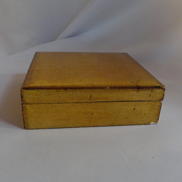 Vintage Unisex Italian Florentine Small Gilded Wooden Hinged Box Gold Square Jewelry Box Made in Italy Home Decor Plain Gift 1970s 1980s