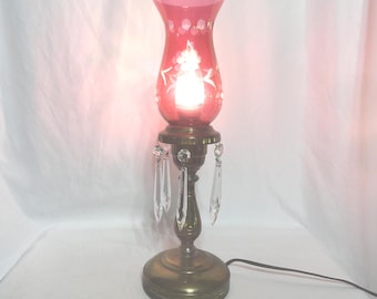 Vintage Cranberry Glass Lamp with Brass Base & Hanging Crystals