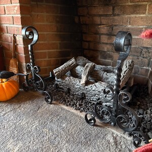 Antique Spanish Revival Andirons, Firedogs, Scroll, Wrought Iron, 1900s-40s