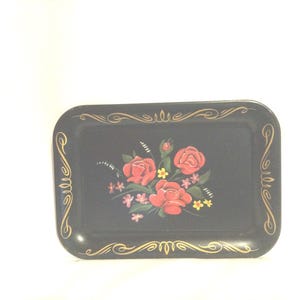 Vintage Toleware Like Tray Small Metal Snack Black Red Roses Miniature Home Decor Yellow Purple & White Flowers 1960s