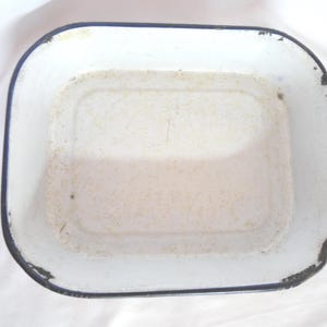 Vintage Enamel Baking Pan Dish, Chippie, 1920s-50s, White with Bluish-Black Trim