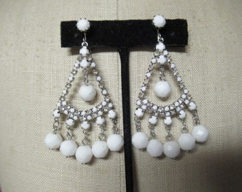 Vintage Women's Hattie Carnegie Long Milk Glass Earrings Faceted Beads Pronged Rhinestones Unsigned Dangle Clip on 1950s to 1970s