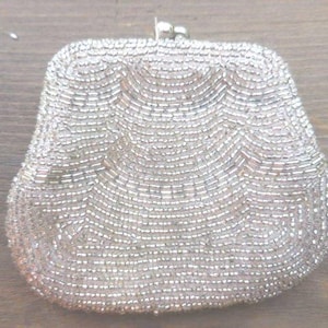 Vintage Silver Beaded Change Purse Clear Glass Seed Beads 1970s Korea Not Perfect Satin Inside Small Retro Kiss Lock