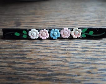 Vintage Women's Black Celluloid Bar Pin Tiny Pastel Flowers Dainty Brooch Pink Blue Yellow & Green 1920s to 1940s Gift Ladies Pin Gift