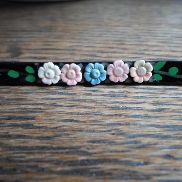 Vintage Women's Black Celluloid Bar Pin Tiny Pastel Flowers Dainty Brooch Pink Blue Yellow & Green 1920s to 1940s Gift Ladies Pin Gift