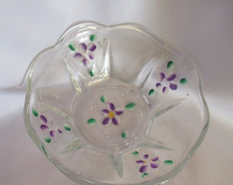 Vintage Small Clear Glass Bowl or Dish Hand Painted Purple Flowers Small Dish Bowl Trinket Dish Scalloped Edges Rim Tiny Bowl 1960s