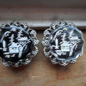 Vintage Asian Inspired Glass Earrings Black Silver Clip On Non Pierced Large Round Scene Filigree Pagoda Ladies Gift 1950s 1960s