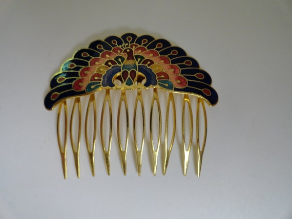 Vintage Women's Cloisonne Hair Comb Peacock Multi… - image 5