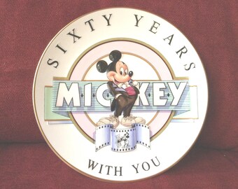 Vintage Mickey Mouse 60 Years Wall Plate, "Sixty Years with Mickey”, Embossed, Japan, 1988, Decor Only