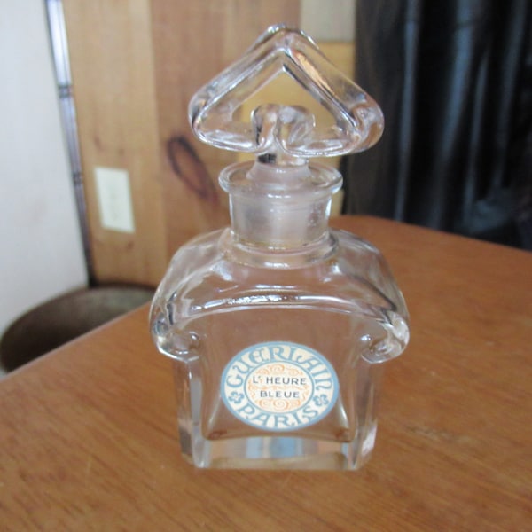 Vintage Guerlain Paris L' Heure Bleue Paris Perfume Bottle Made in France Clear Blue/Red Label Ground Glass Stopper Bottle 1930s 1940s