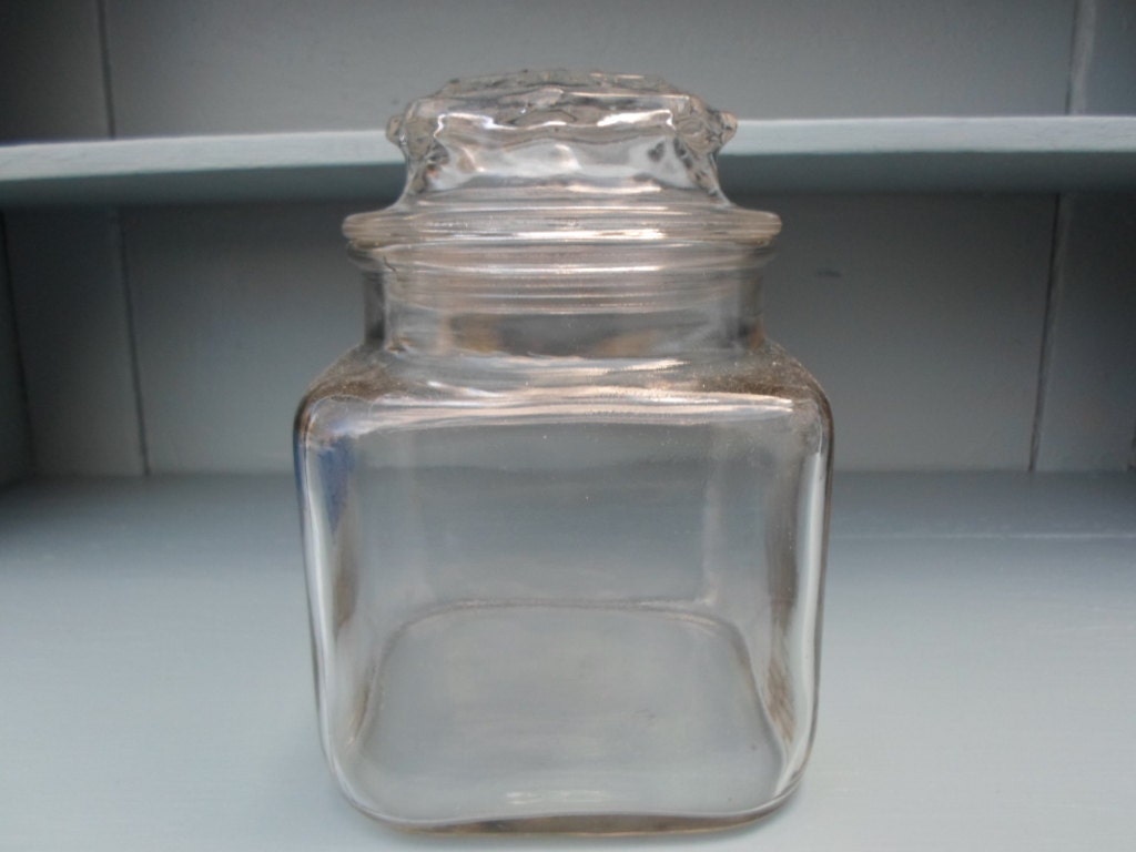 Vintage 1960s to 1980s Clear Glass Canister Jar With Lid Square