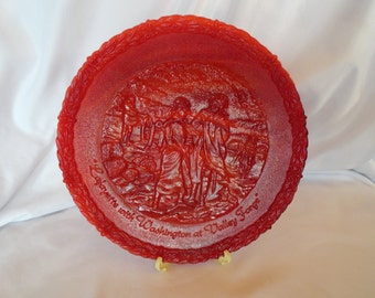 Vintage Fenton Red & Orange Glass Plate George Washington and Lafayette at Valley Forge Historical Display Home Decor 1970s