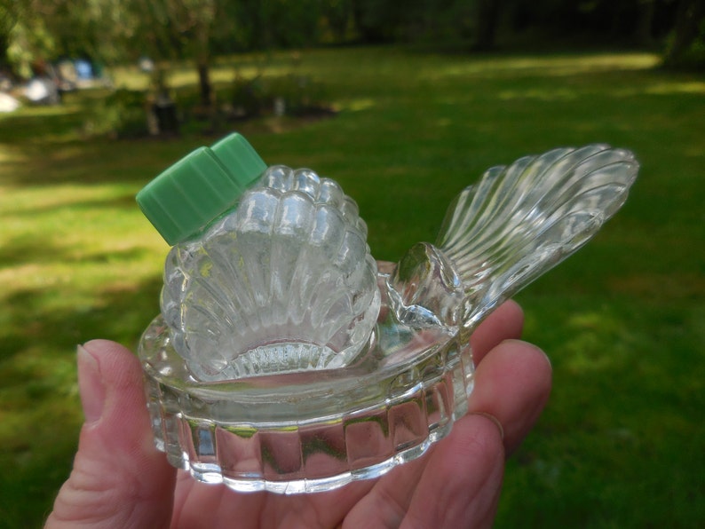 Vintage Art Deco Tiny Clear Glass Salt and Pepper Shakers Green Plastic Screw Tops With Holder Small 1930s to 1940s Set
