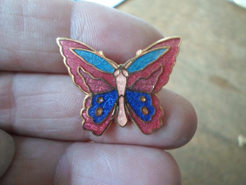 Vintage Women's Small Cloisonne Butterfly Pin Colorful Brooch Gold Tone Blue/Red/Green Insect Ladies Gift Girl's Gift 1970s 1980s image 1