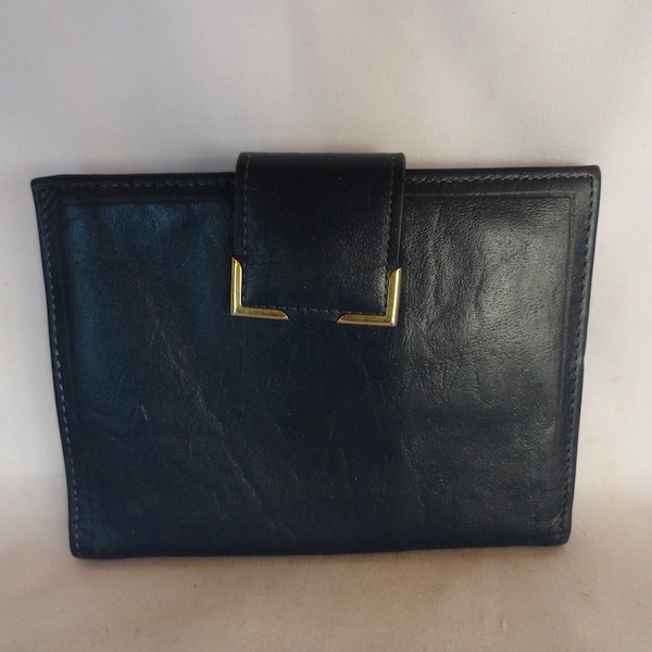 Vintage Women's Princess Gardener Navy Blue Wallet Full Grain Cowhide Leather 1960s 1970s Gold Tone Kiss Lock Ladies Wallet Credit Cards