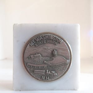 Vintage Mt. Washington Paperweight Marble Small Square Pewter Medallion 1980s State Park N.H. Desk Accessory Made in Italy Collectible