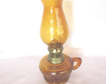 Vintage Mini Hurricane Oil Lamp, Kerosene, Finger Hold, 1960s-70s, Umber Glass