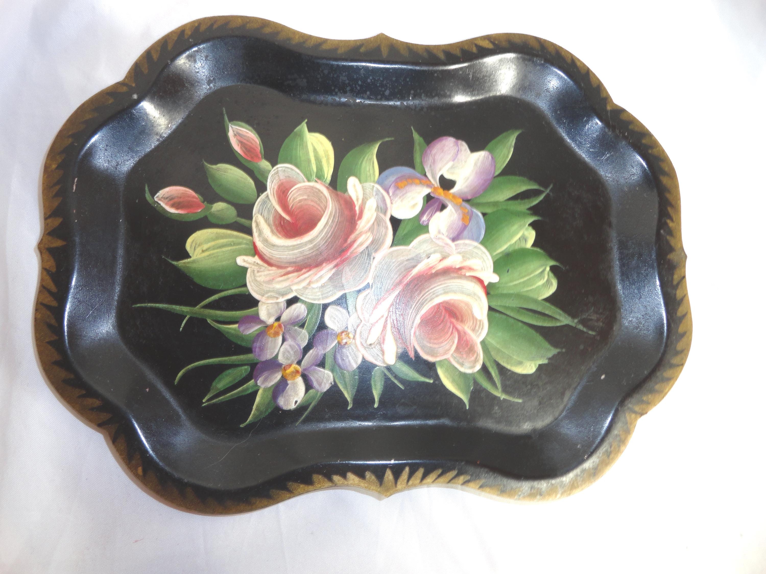 Vintage Floral Toleware Tray, Small Black Metal, Decorative Home