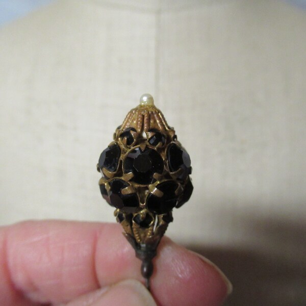 Vintage Black Glass Rhinestones Hatpin Collectible Pronged Gold/Silver Tone Pearl Top 1920s to 1940s