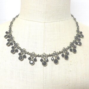 Vintage Black Glass Beaded Necklace Bezel Faceted Filigree Not Shiny Dull Brass Looking Adjustable Gift 1980s 1990s