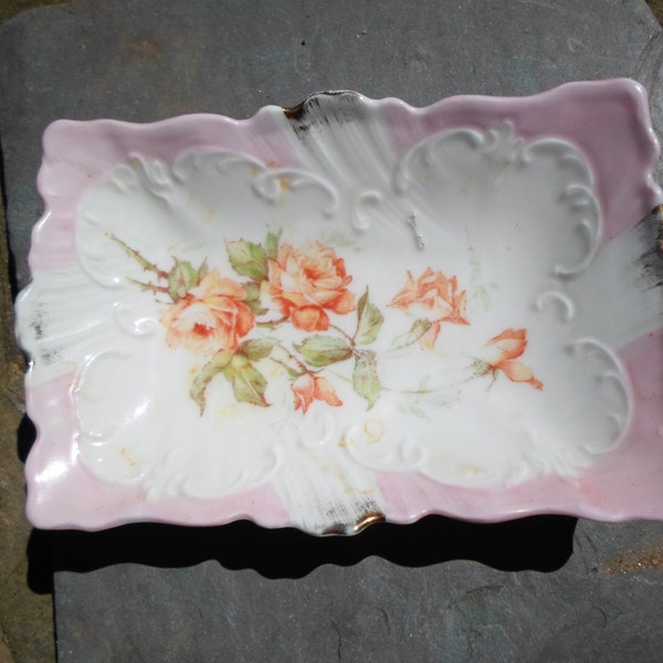 Vintage Weimar Germany Small Dish Pink & Orange Candy Nuts Mints Dish Roses Gold Decor Rectangle Dish 1940s to 1960s