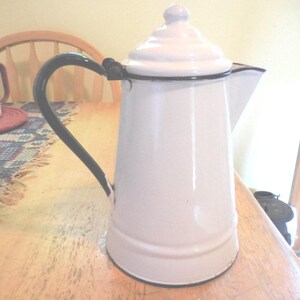 Vintage Enamel Coffee Pot, White with Blue Trim, Small Farmhouse Decor, 1930s-50s