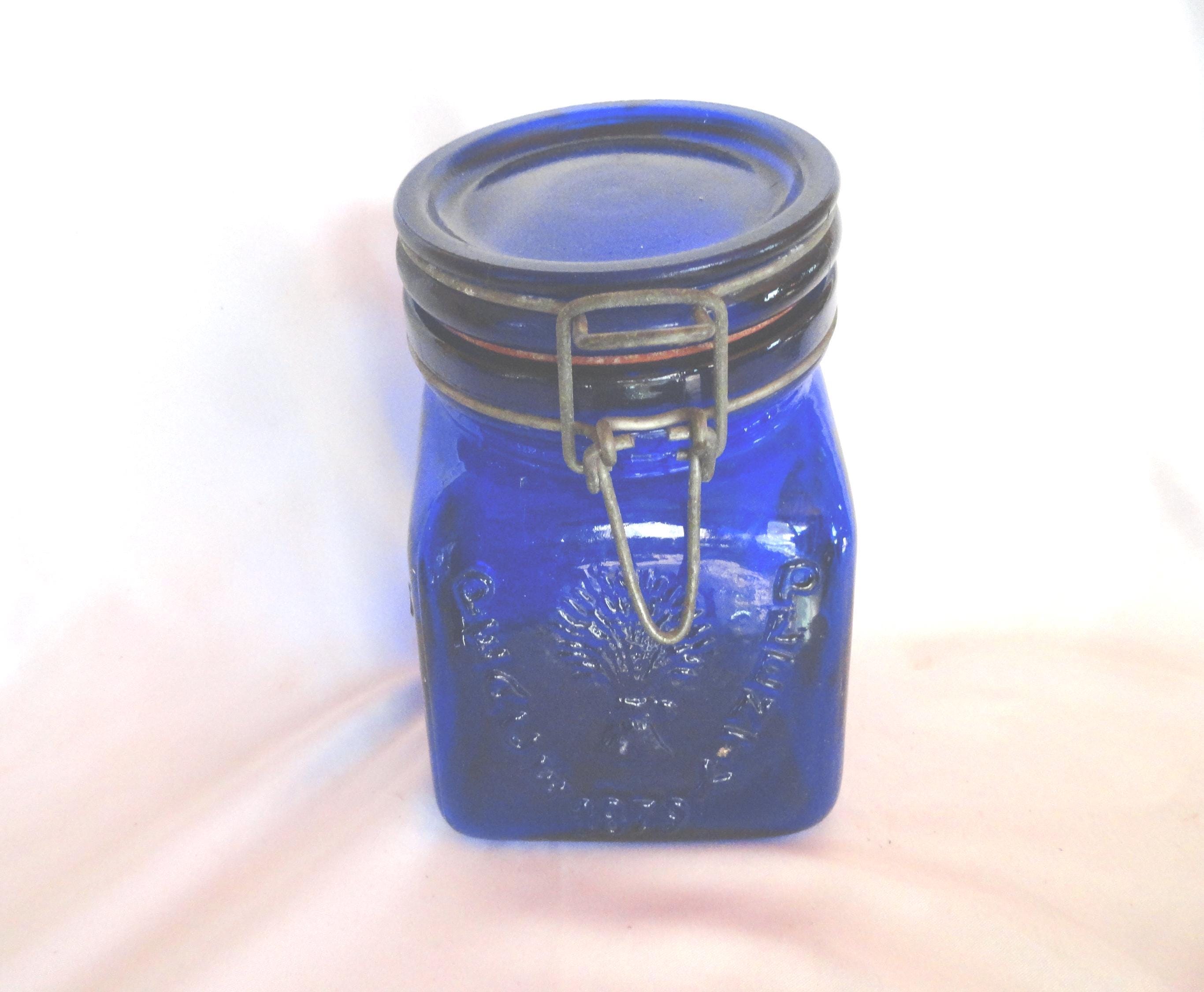 Vintage Italian Crownford Cobalt Blue Glass Canister With Wire 