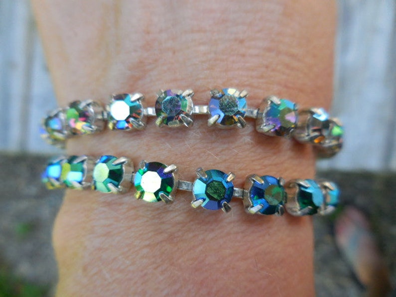 Vintage 1950s to 1970s Silver Tone Iridescent Pronged Rhinestone Bracelet Either BlueGreen or PinkPurple Snap Clasp Retro 1