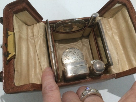 Antique Women's Silver Toiletry Set Leather Case … - image 3