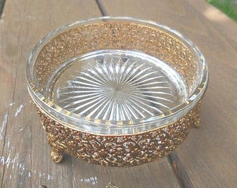 Vintage 24kt Plated Glass Top Jewelry Box, Round, Beveled, Yellow