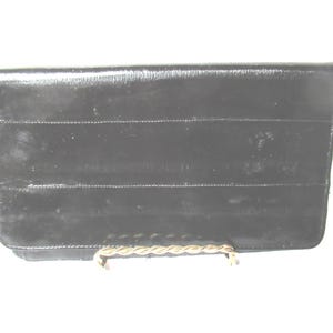 Cartera vintage de piel de anguila negra con bolsillo en el pecho, años 70 y 80, brillante, suave, delgada, plegable, para billetes de dólar, tarjetas de crédito, unisex.