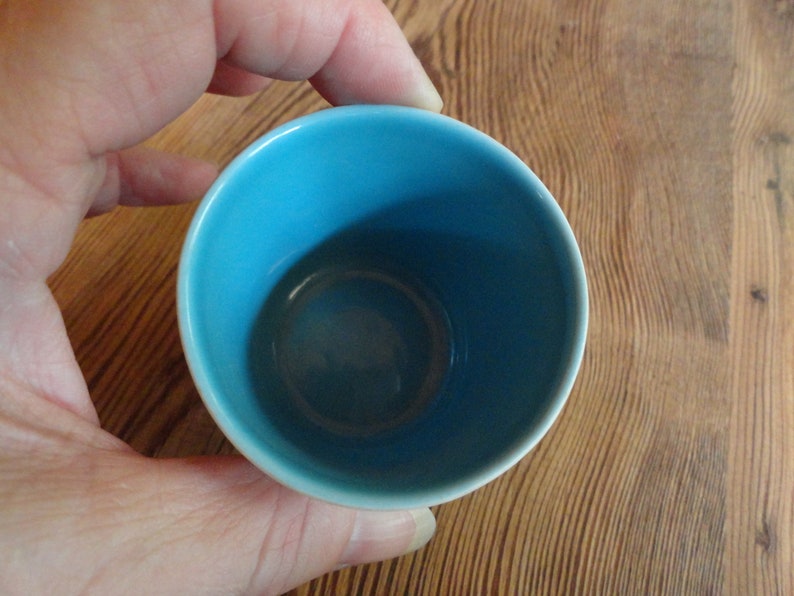 Vintage 1950s to 1970s Lietzke Porcelain Tiny CupDishCup Mid Century White OutsideBlue Inside Signed Bottom Reuse Tapered
