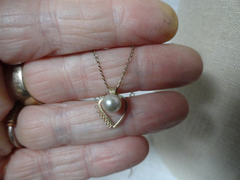 Vintage Women's or Girl's Heart & Light Gray Pearl Necklace Dainty Simple Little Girl's Gift Ladies Gift Feminine image 4