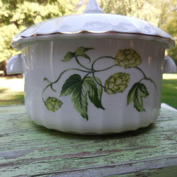 Vintage W.S. George Bolero Hops & Buds Pattern Soup Casserole Covered Dish Tureen Green Yellow Serving Dish Display Pottery 1920s to 1960s