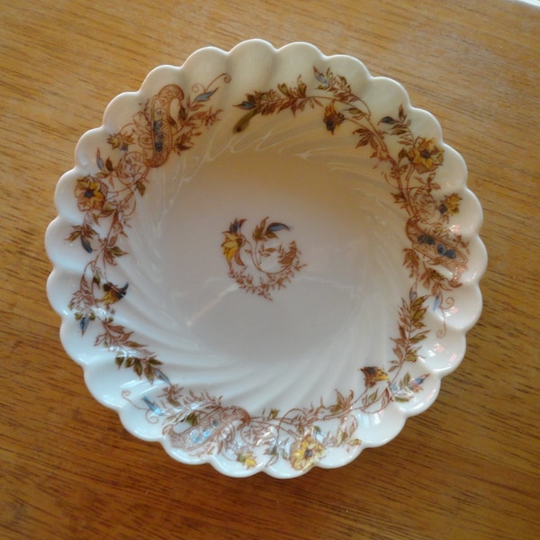 Antique H & Co. Haviland Limoges Tiny Berry Bowl Dish Scalloped 1880s Edges Blue/Yellow/Brown/Green Vines/Flowers
