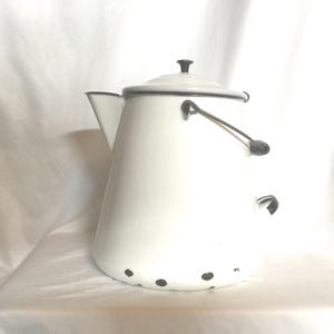 Vintage Enamel Coffee Pot, White with Black Trim, Wood Handle, 1920s-50s