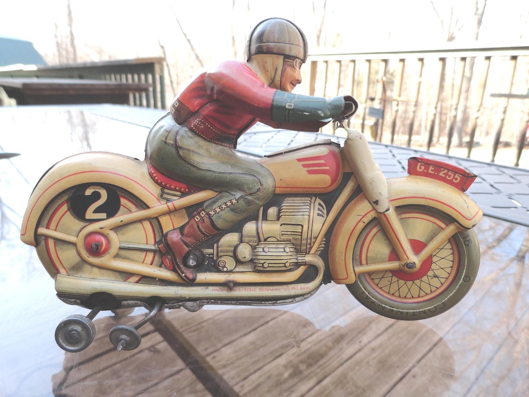 Vintage Technofix G.E. 255 Motorcycle Tin Toy Metal Wind up
