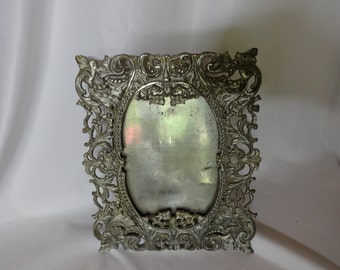 Antique Victorian Picture Frame Photo Frame Silver Tone Metal Filigree Flowers Scrolls Small  Self Standing Home Decor Ornate No Glass