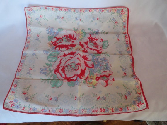 Vintage Women's Handkerchief Red Pink & Blue Flow… - image 2