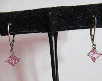 Vintage Women's Sterling Silver & Pink Cubic Zirconia Earrings .925 Small Square Tiny Drop Pierced Lever Back Sparkly Dainty Feminine 1990s