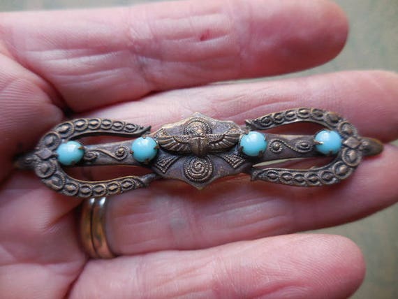 Vintage Egyptian Revival Turquoise Glass Pin Flyi… - image 1