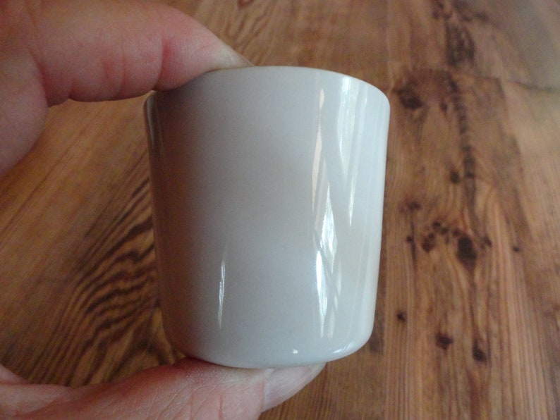Vintage 1950s to 1970s Lietzke Porcelain Tiny CupDishCup Mid Century White OutsideBlue Inside Signed Bottom Reuse Tapered