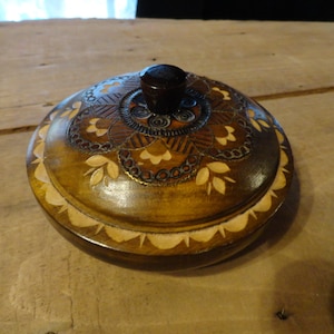 Vintage Polish Small Round Covered Trinket or Jewelry Stash Box Made in Poland Hand Carved Metal Inlay Folk Art Display Home Decor 1960s 70s