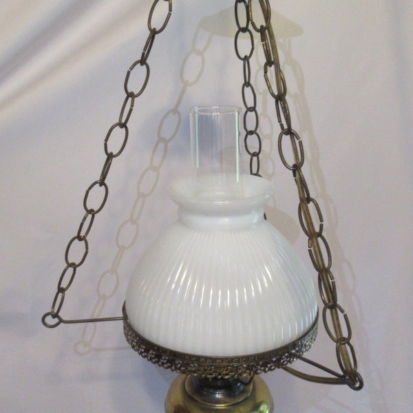 Vintage Small Brass Metal Ceiling Mount Hanging Light Milk Glass Globe Home Decor 1950s to 1970s Dining/Kitchen Lighting Switch on Cord