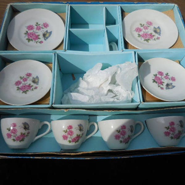 Vintage Child's Porcelain Tea Set Little Girls Pink Roses Green Leaves Purple Butterfly Japan Set of 4 No Teapot or Coffee Pot 1960s 1960s